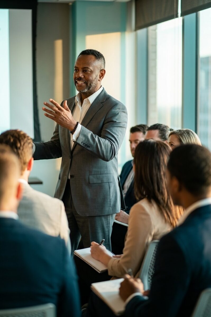 A.D. Roberts speaking with gestures to a seated group of professionals at a bright, windowed meeting room