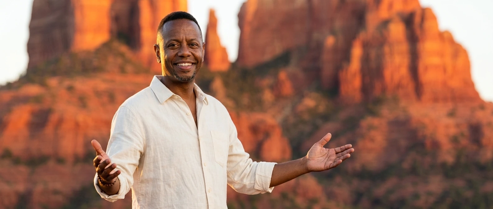 A.D. Roberts standing with arms open in front of Sedona red rock formations at golden hour