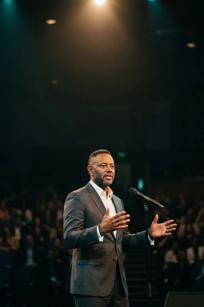 A.D. Roberts on stage addressing a live audience