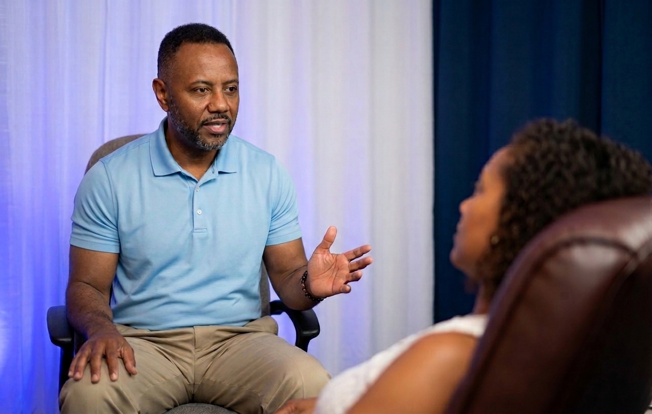 A.D. Roberts guiding a hypnotherapy session