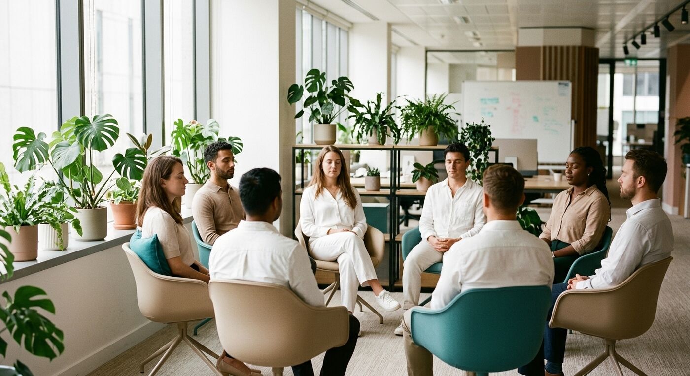 A circle of colleagues seated in teal and cream chairs among plants, eyes closed in a guided group practice