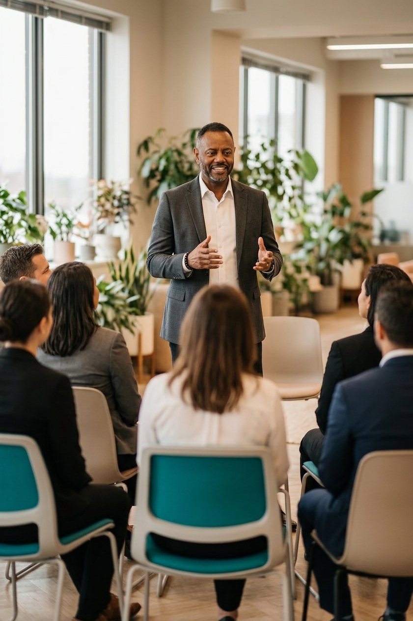 A.D. Roberts leading a workshop training session with a seated group in a bright room