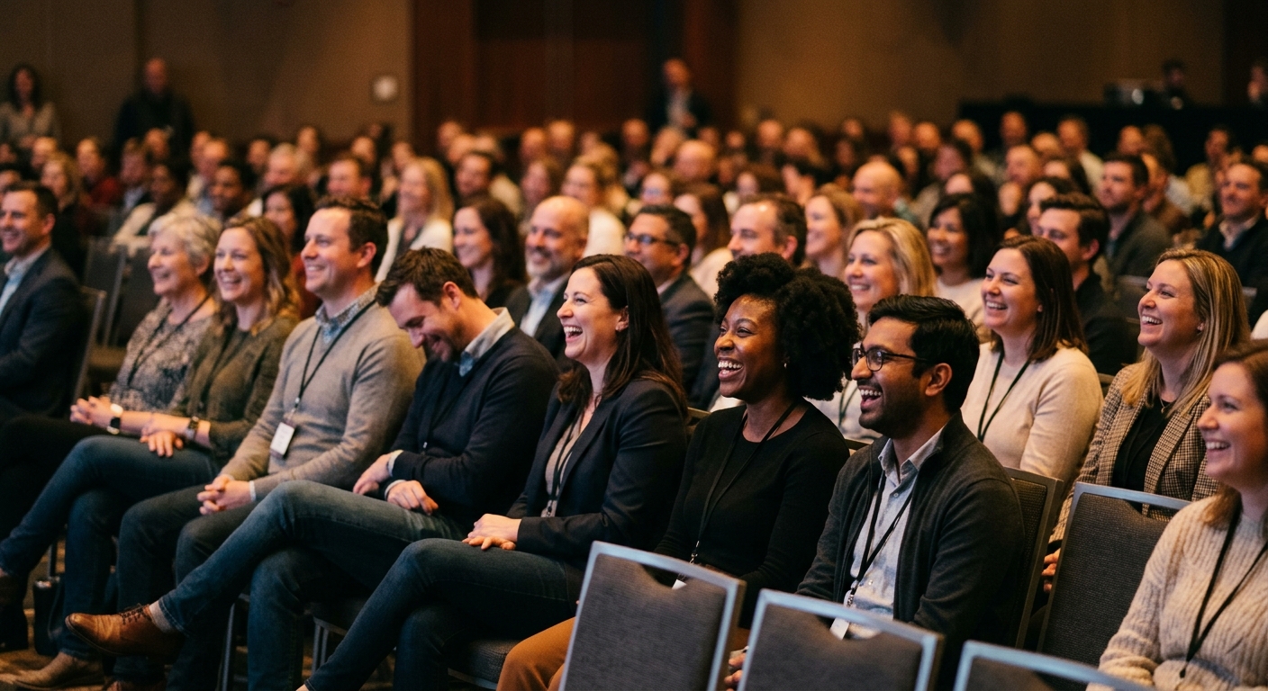 An engaged audience laughing during a session